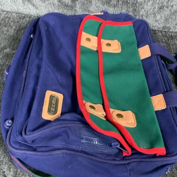 Vintage Viaggio Navy Blue, Hunter Green & Red Laptop Bag with Leather Accents